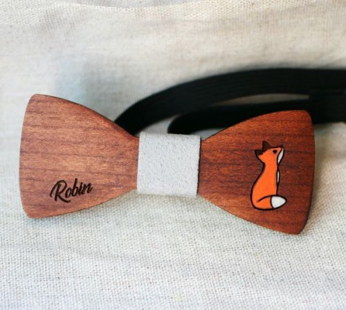 wooden bow tie with painted fox