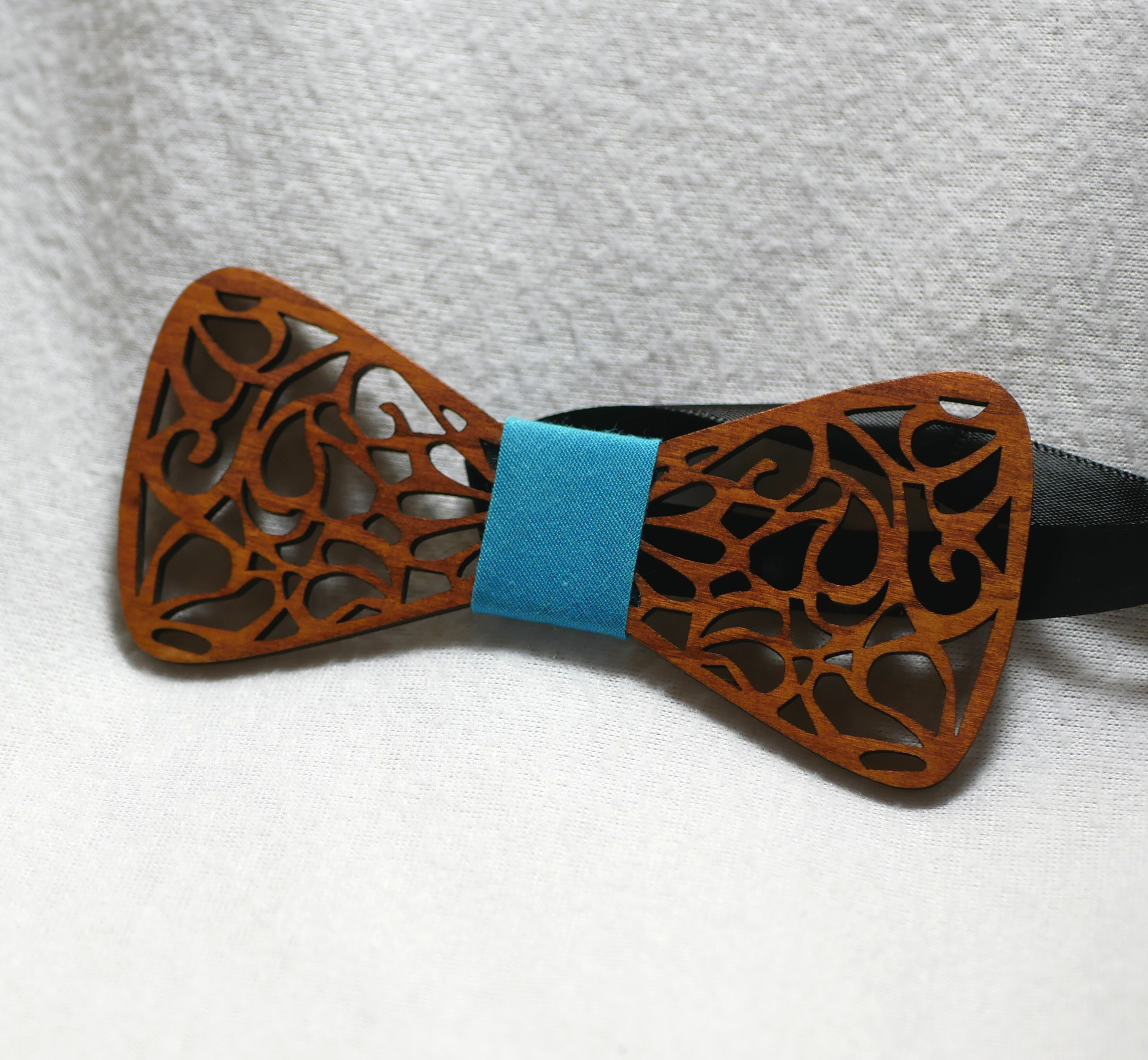 Wooden bow tie with turquoise ribbon