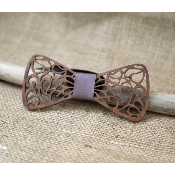 Wooden bow tie with brown satin ribbon