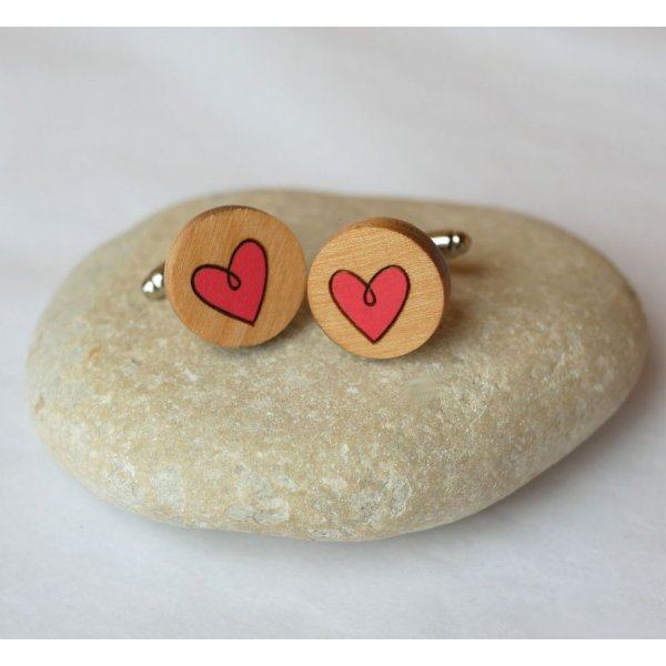 Wooden cufflinks with painted hearts