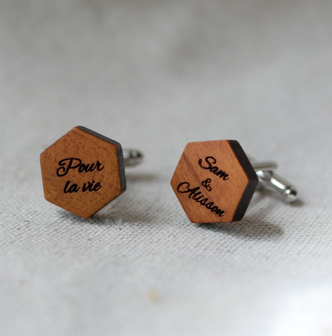 Hexagonal wooden cufflinks to personalize