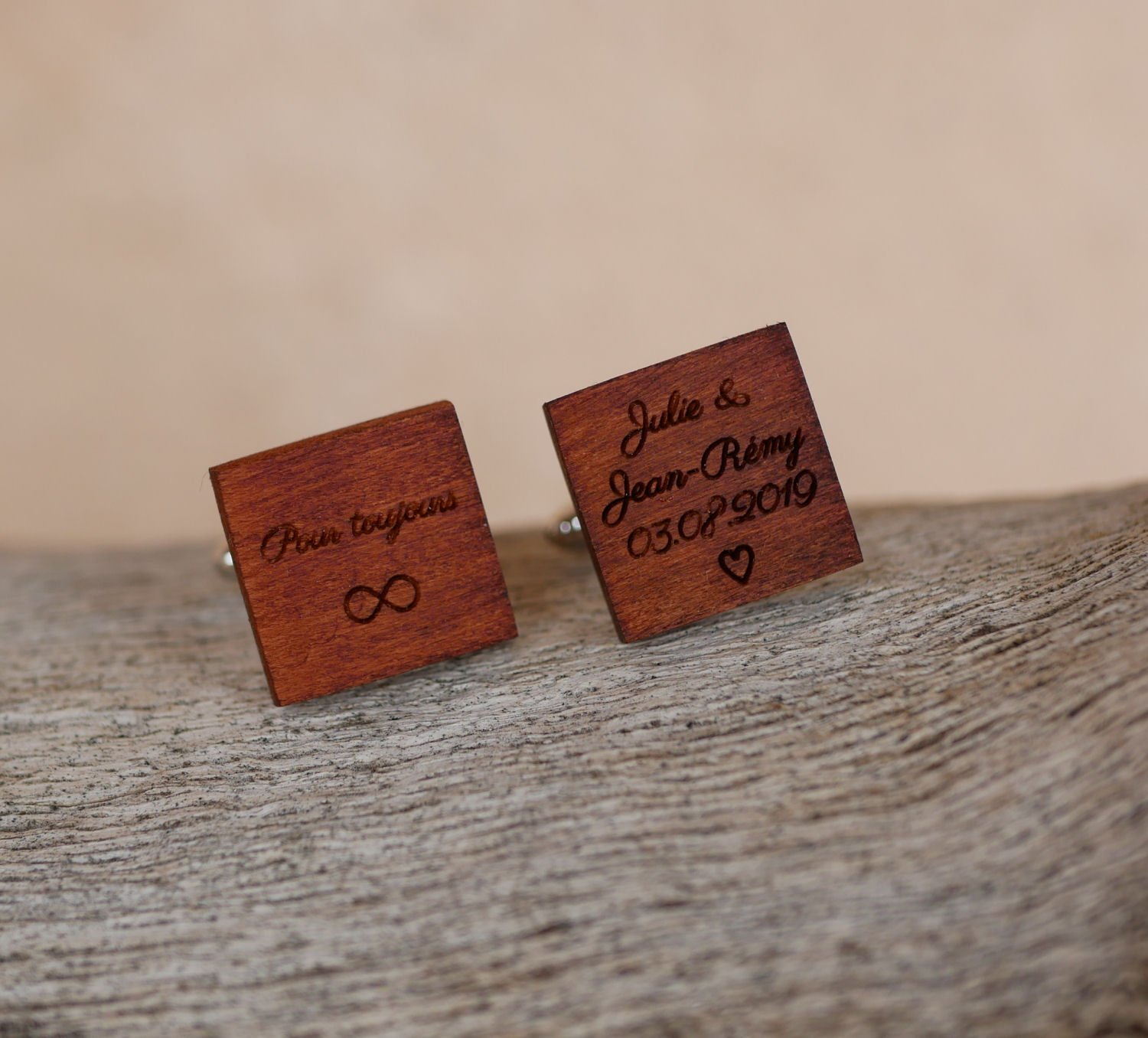 Square cherry wood cufflinks to personalize