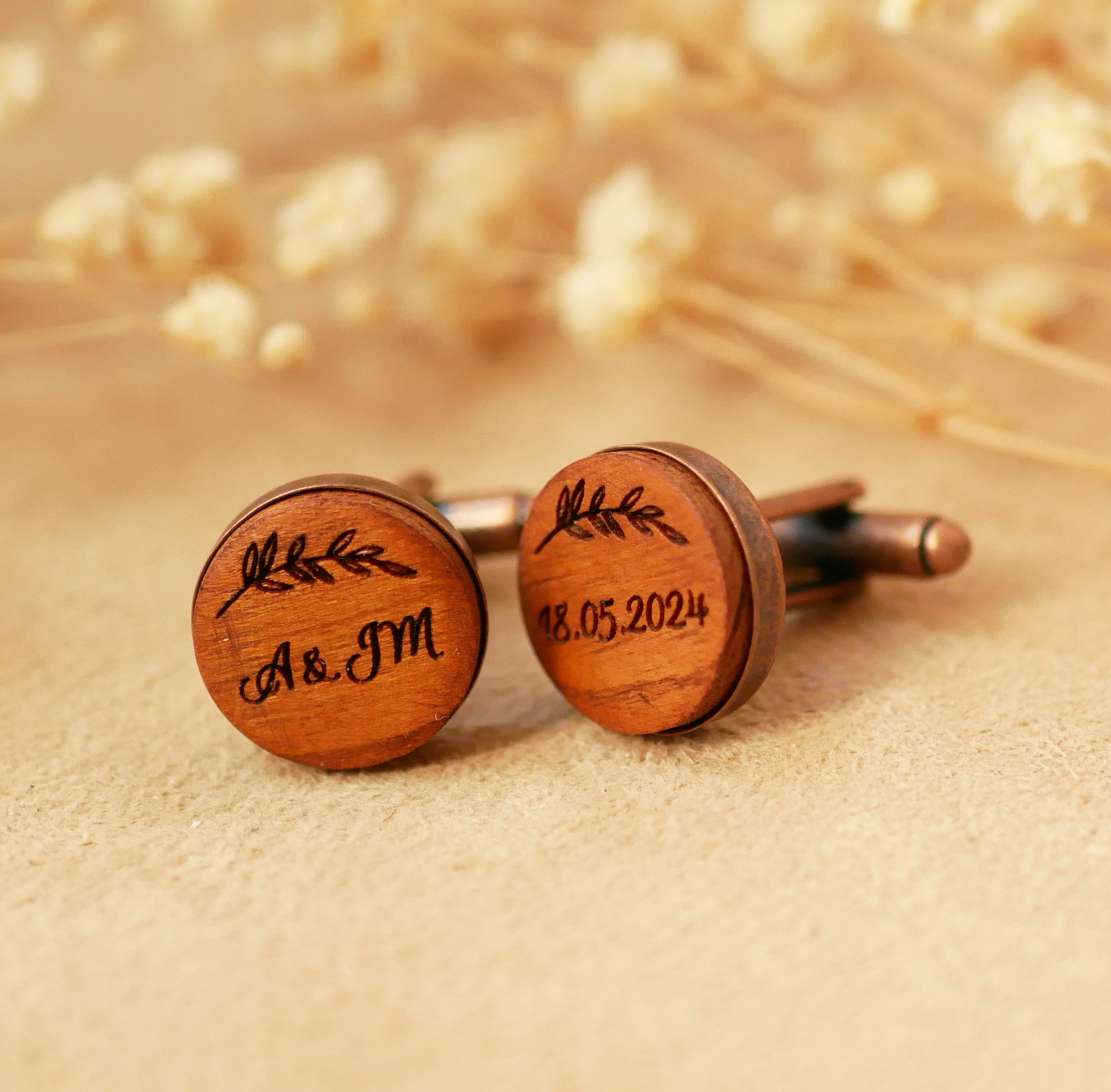 Wooden cufflinks set in aged copper 16 mm customizable