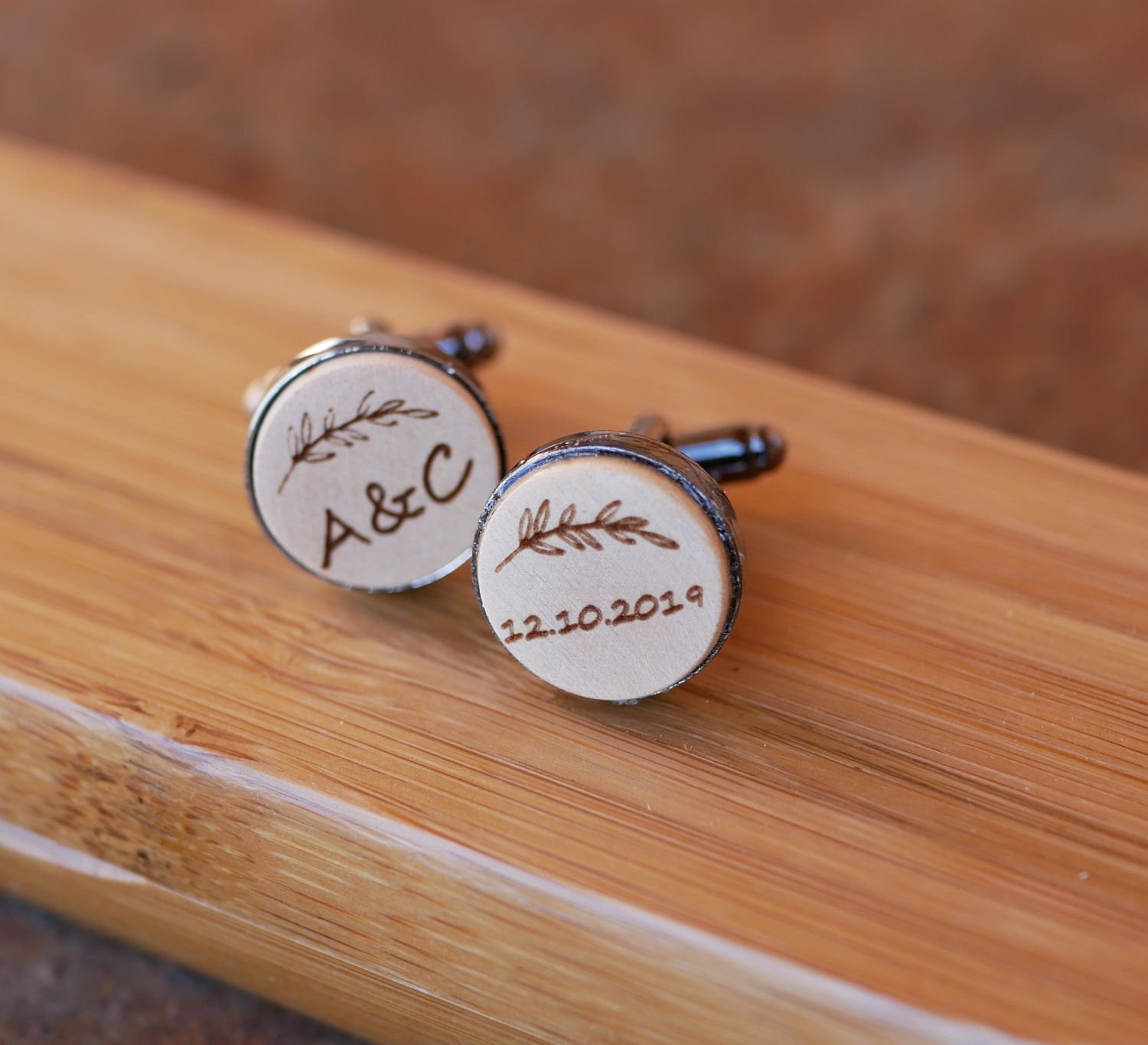 Wooden cufflinks set in dark steel 16mm customizable