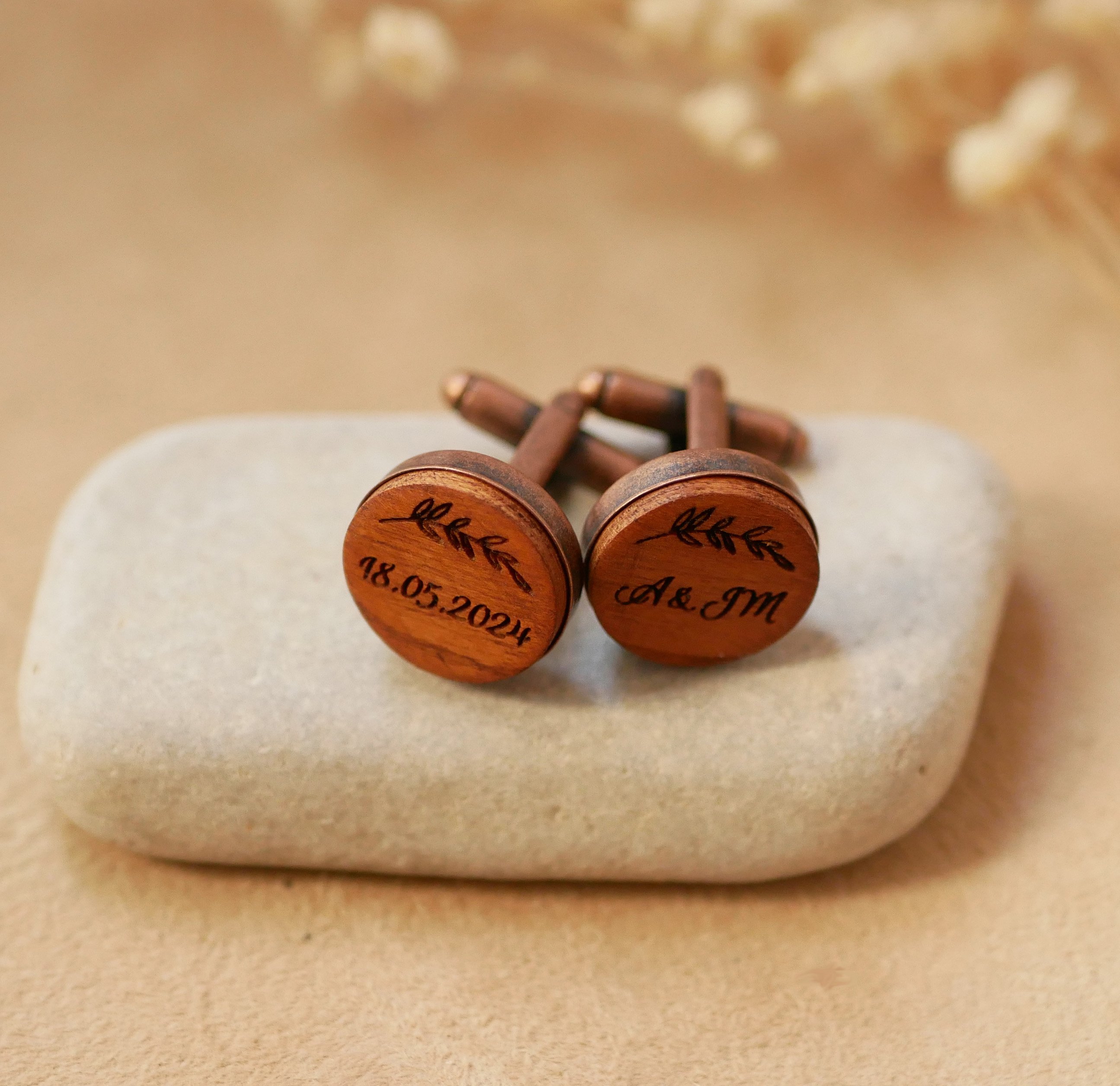 Wooden cufflinks set in aged copper 16 mm customizable