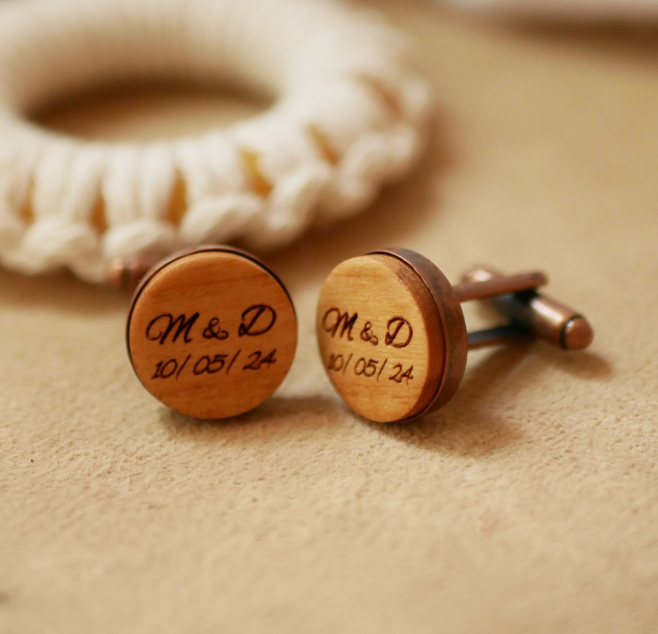 Wooden cufflinks set in aged copper 16 mm customizable