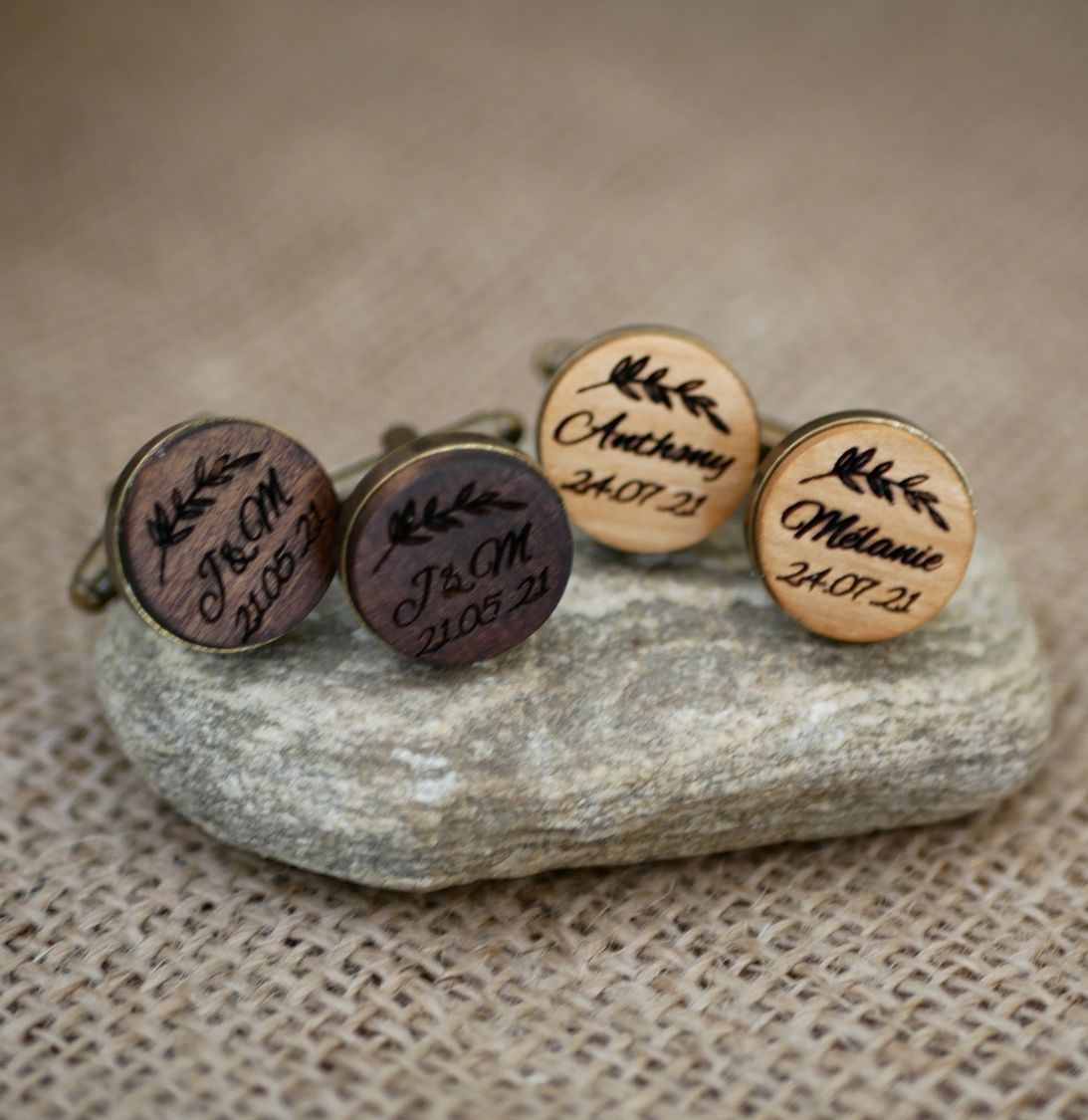 Wooden cufflinks set with aged bronze 16 mm customizable