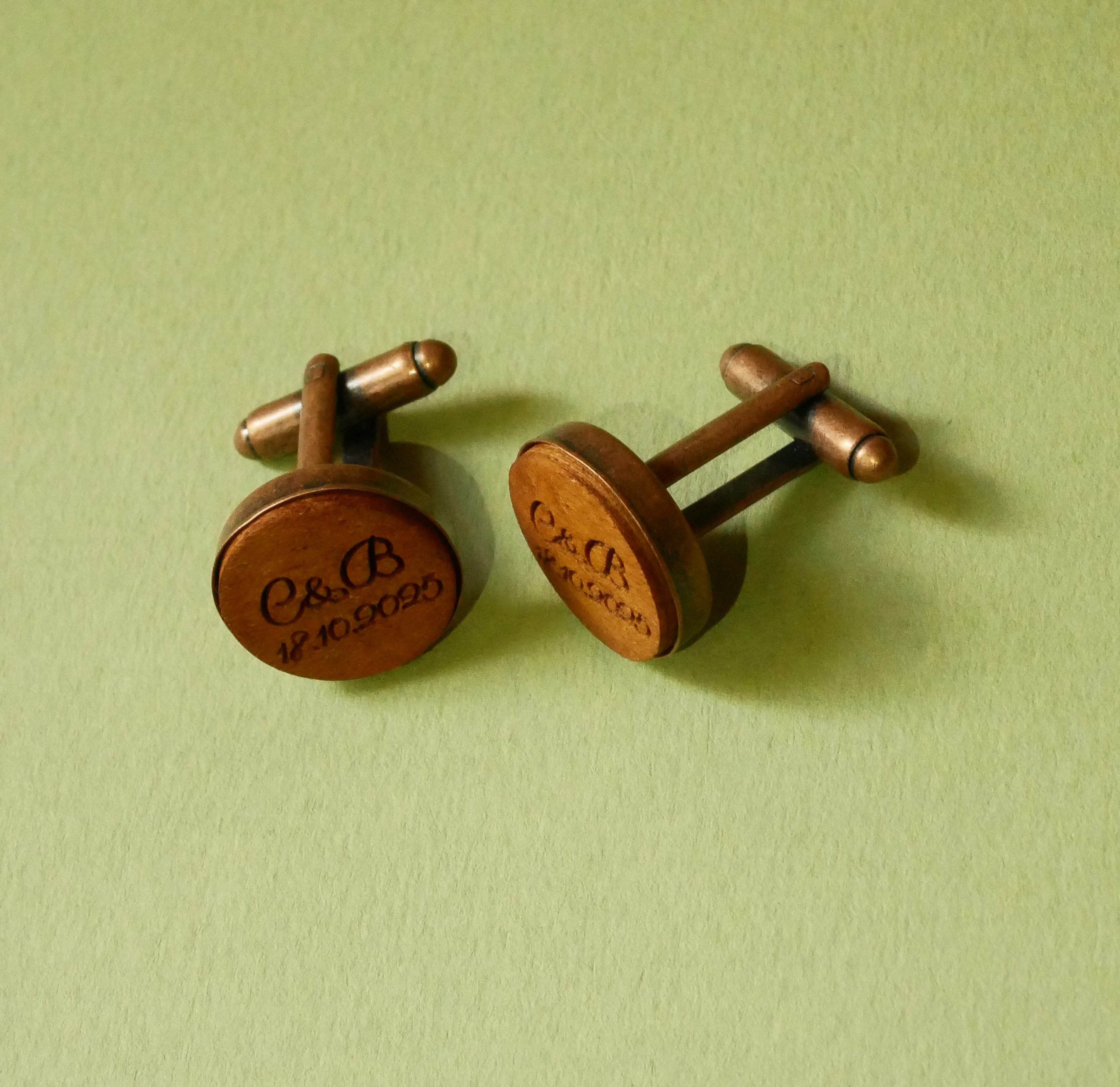 Wooden cufflinks set in aged copper 16 mm customizable