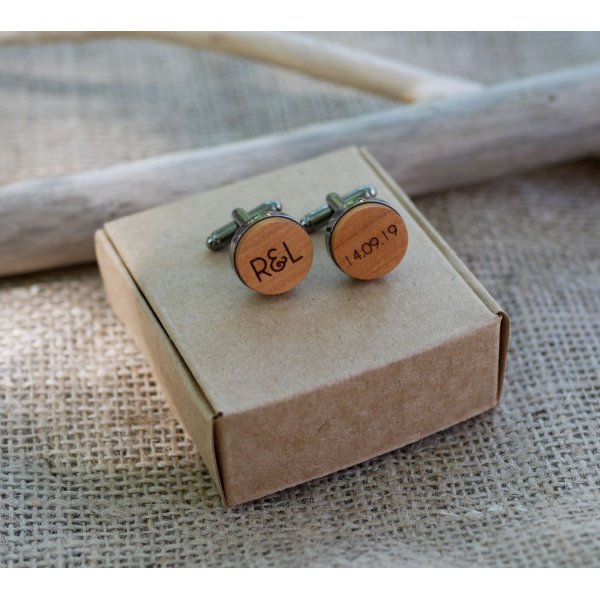 Wooden cufflinks set in dark steel 16mm customizable