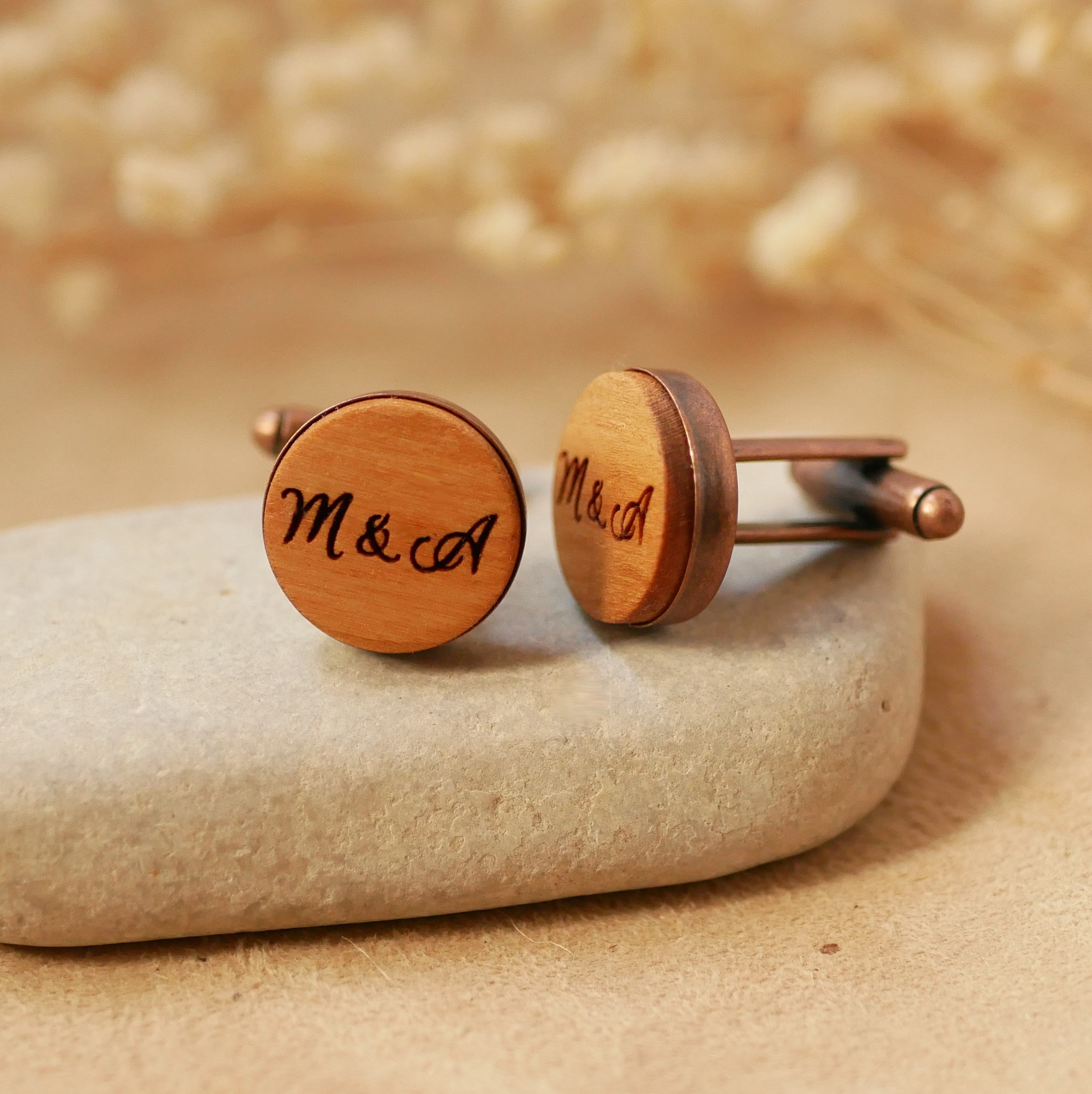 Wooden cufflinks set in aged copper 16 mm customizable