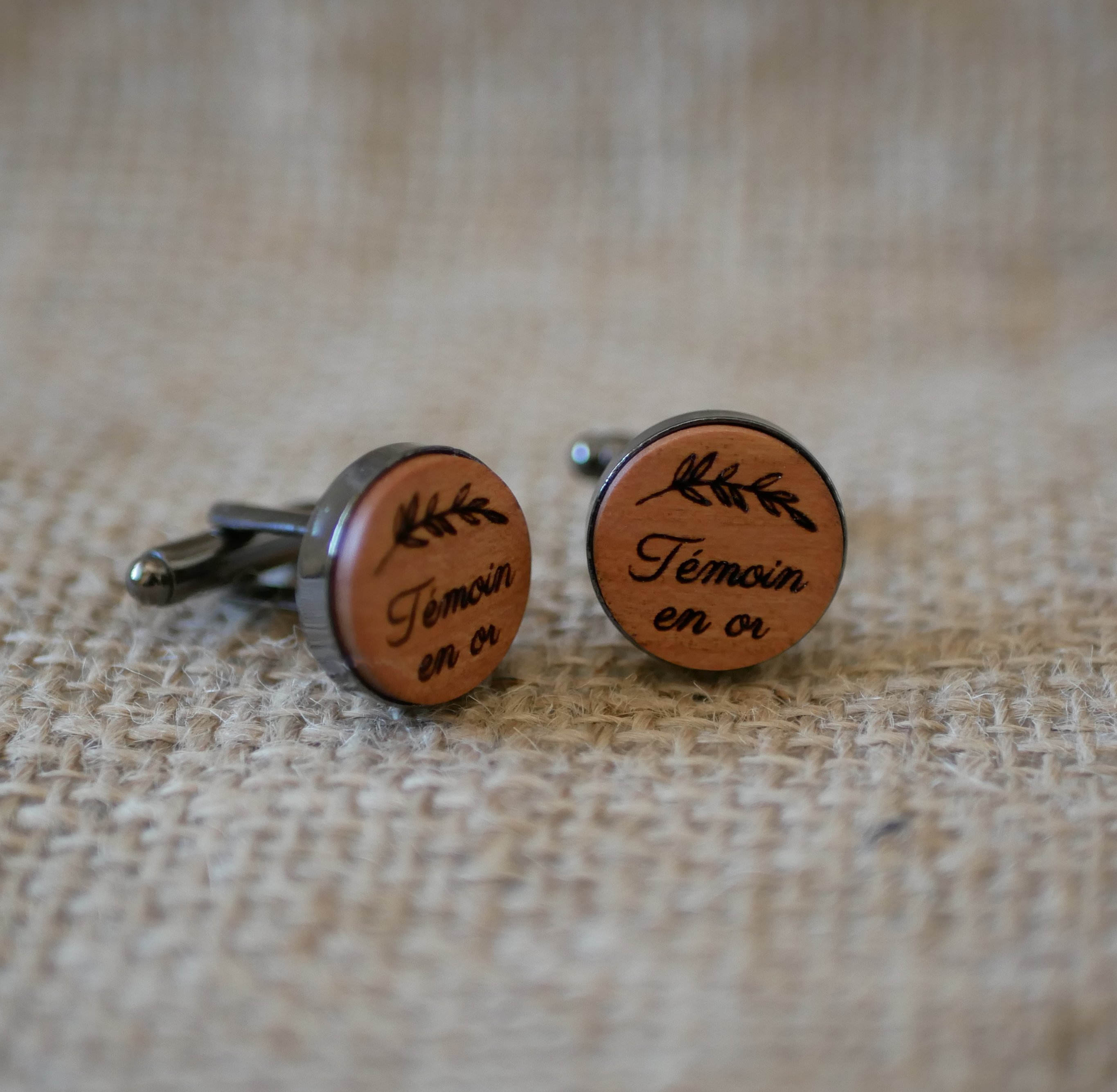 Wooden cufflinks set in dark steel 16mm customizable