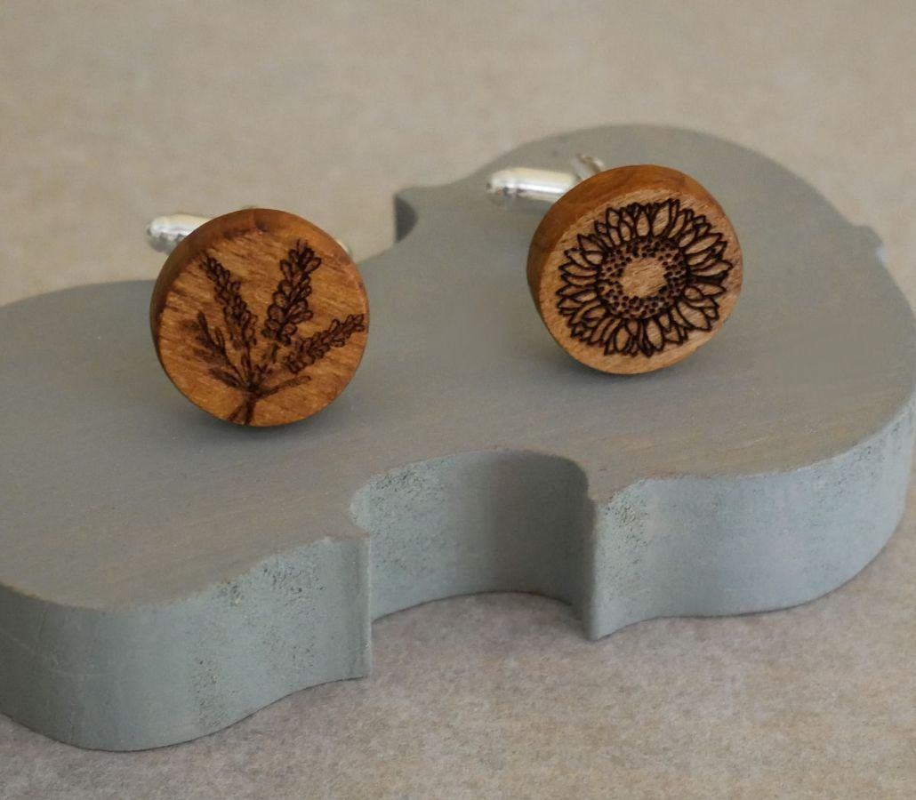 Cherry wood cufflinks with your engraved designs