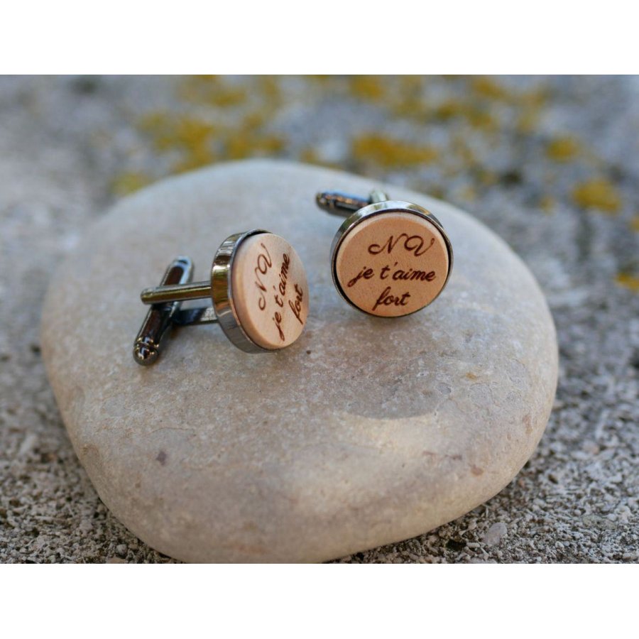 Wooden cufflinks set in dark steel 16mm customizable