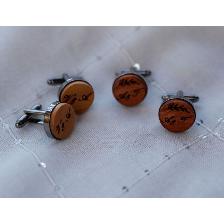 Wooden cufflinks set in dark steel 16mm customizable