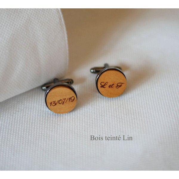 Wooden cufflinks set in dark steel 16mm customizable