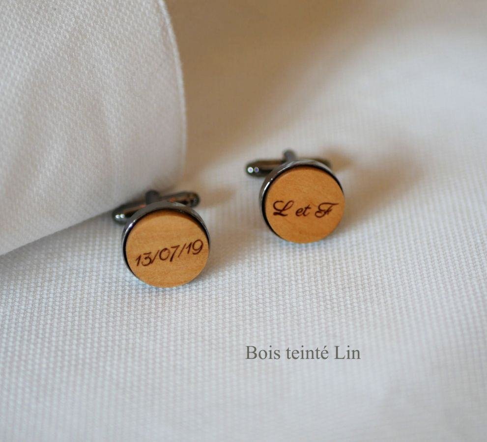 Wooden cufflinks set in dark steel 16mm customizable