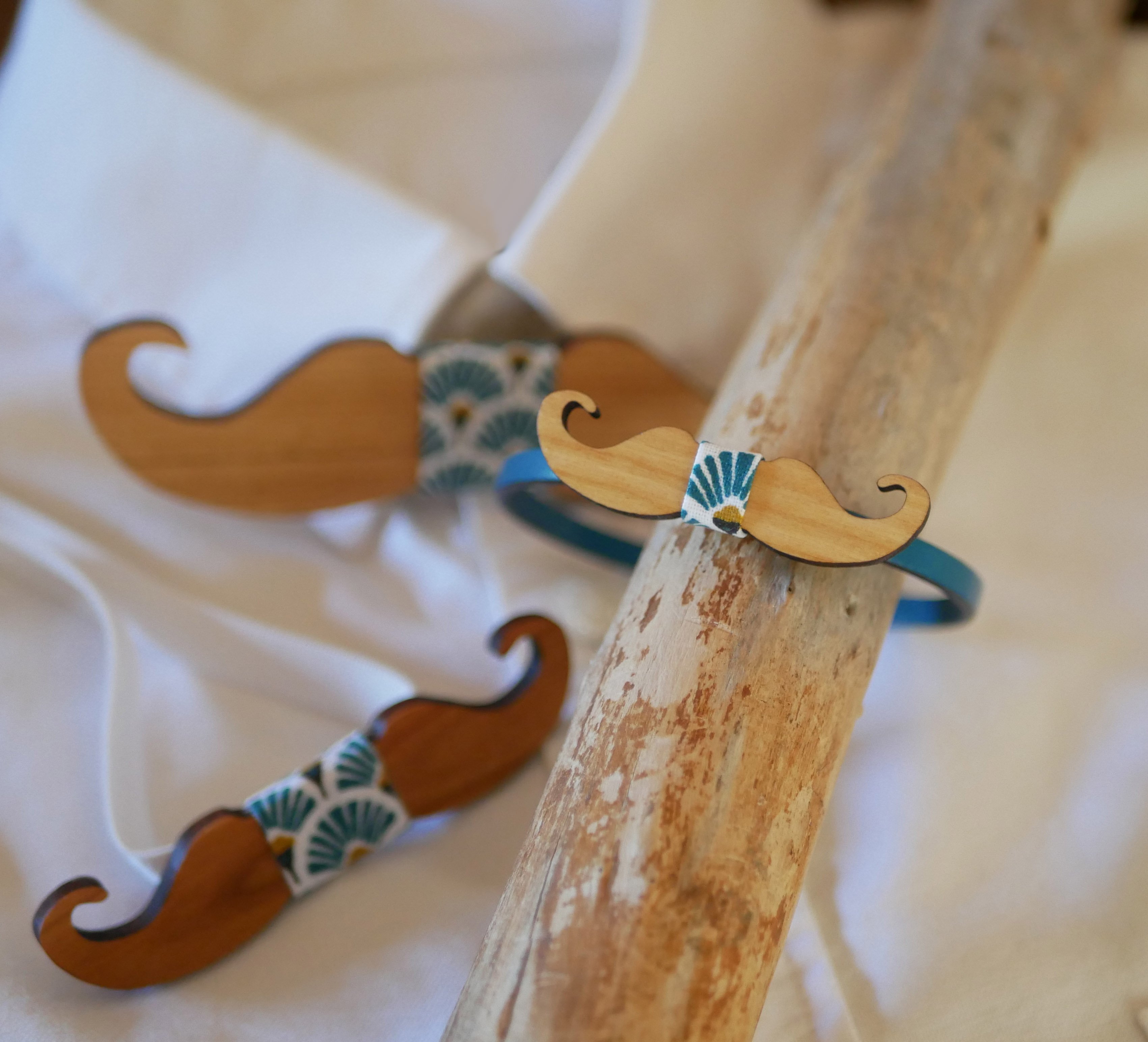 Leather bracelet with miniature bow tie Customizable wooden moustaches