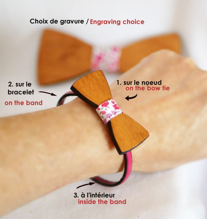 Leather bracelet with miniature wooden bow tie customizable