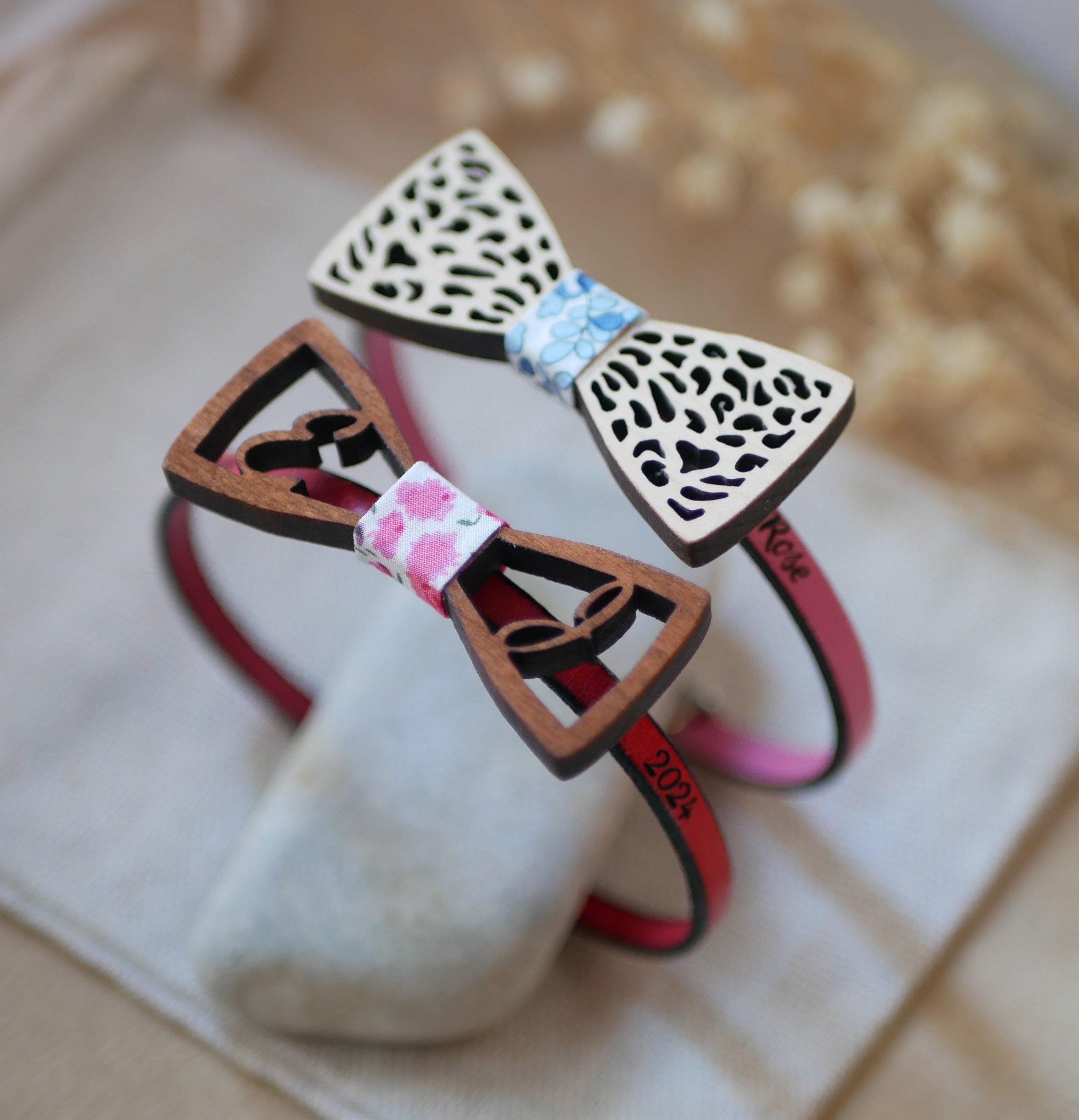 Leather bracelet with miniature bow tie Customizable wooden moustaches