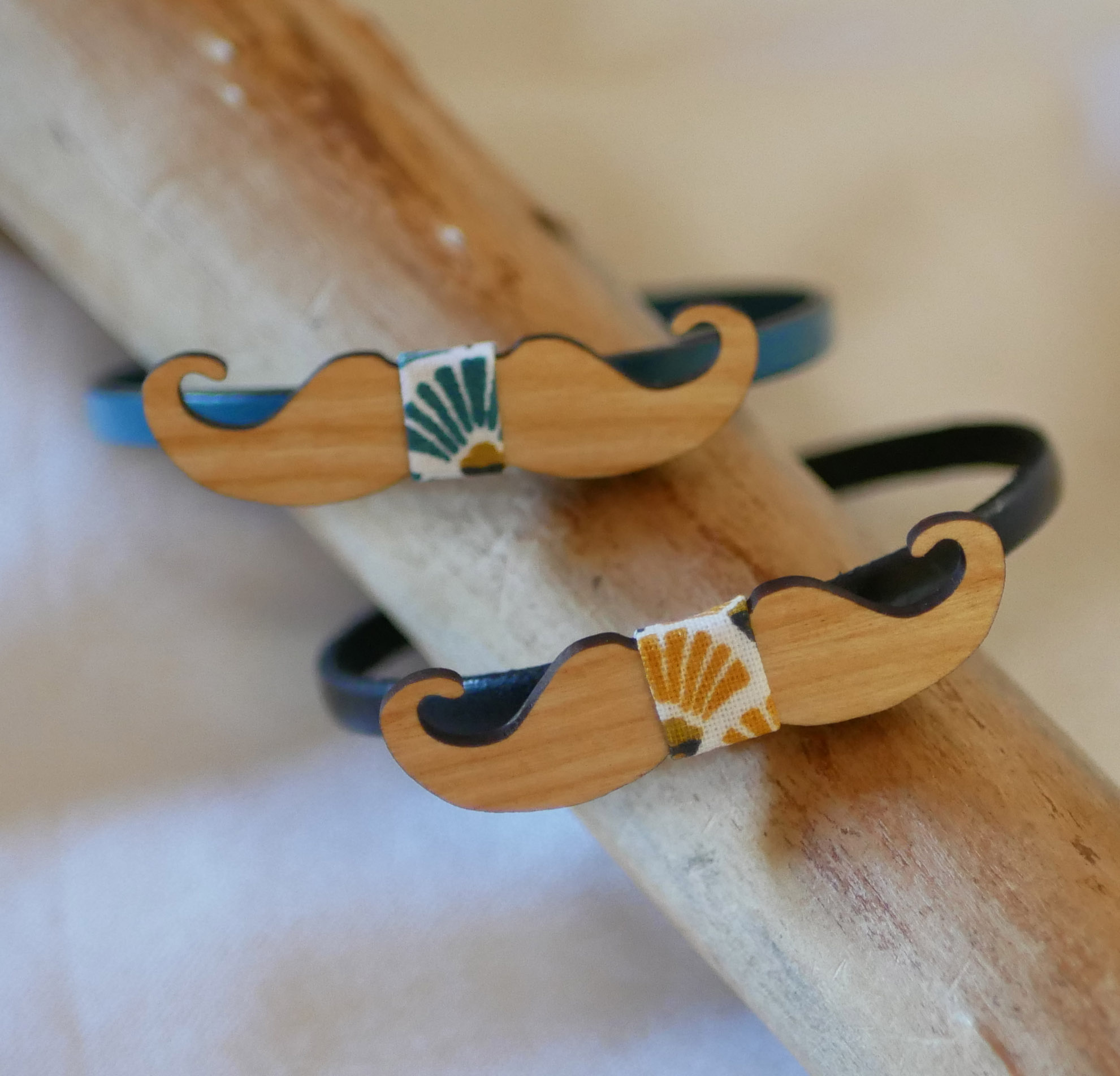 Leather bracelet with miniature bow tie Customizable wooden moustaches