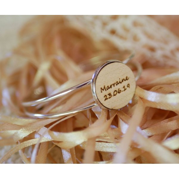 Bracelet with wood cabochon to personalize and silver plated metal