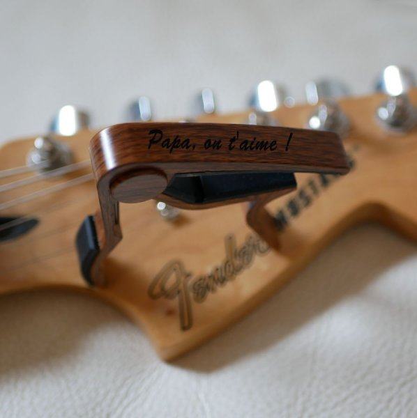 Engraved aluminum guitar capo to personalize