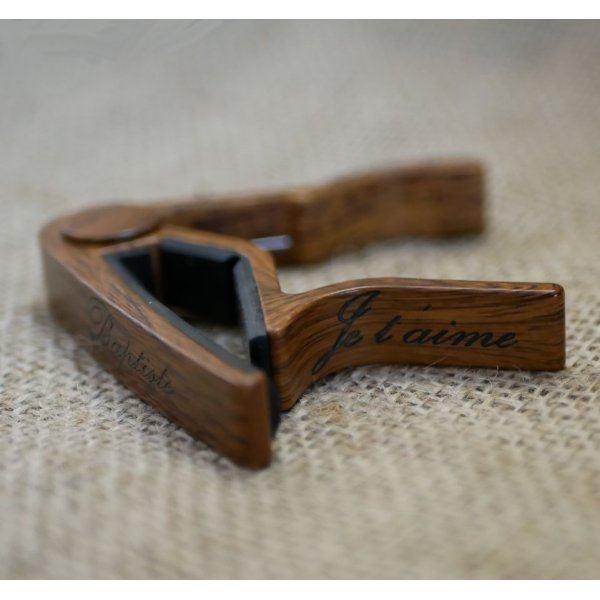 Engraved aluminum guitar capo to personalize