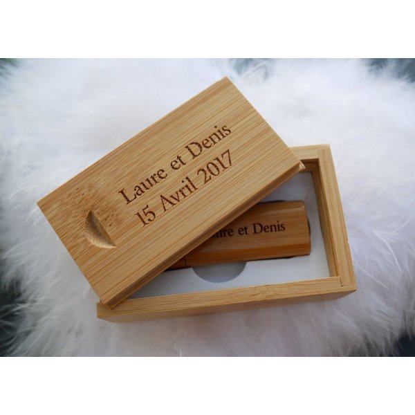 Cl&eacute; Usb 16 Go dans coffret bois bambou &agrave; personnaliser par gravure pour un mariage
