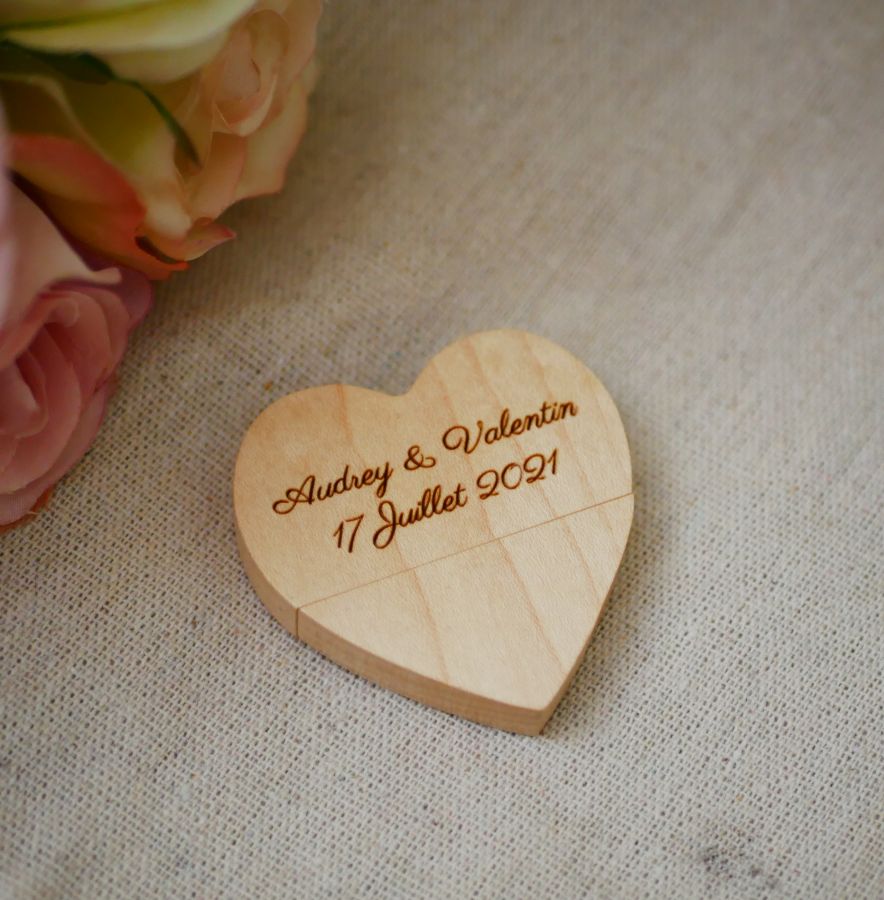 32 GB Heart USB Flash Drive in a light wood box