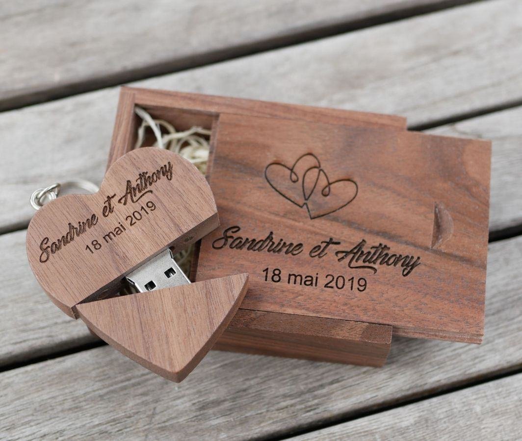 32 GB Heart USB flash drive in a dark wood box