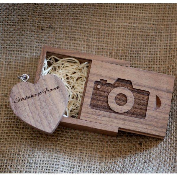 32 GB Heart USB flash drive in a dark wood box