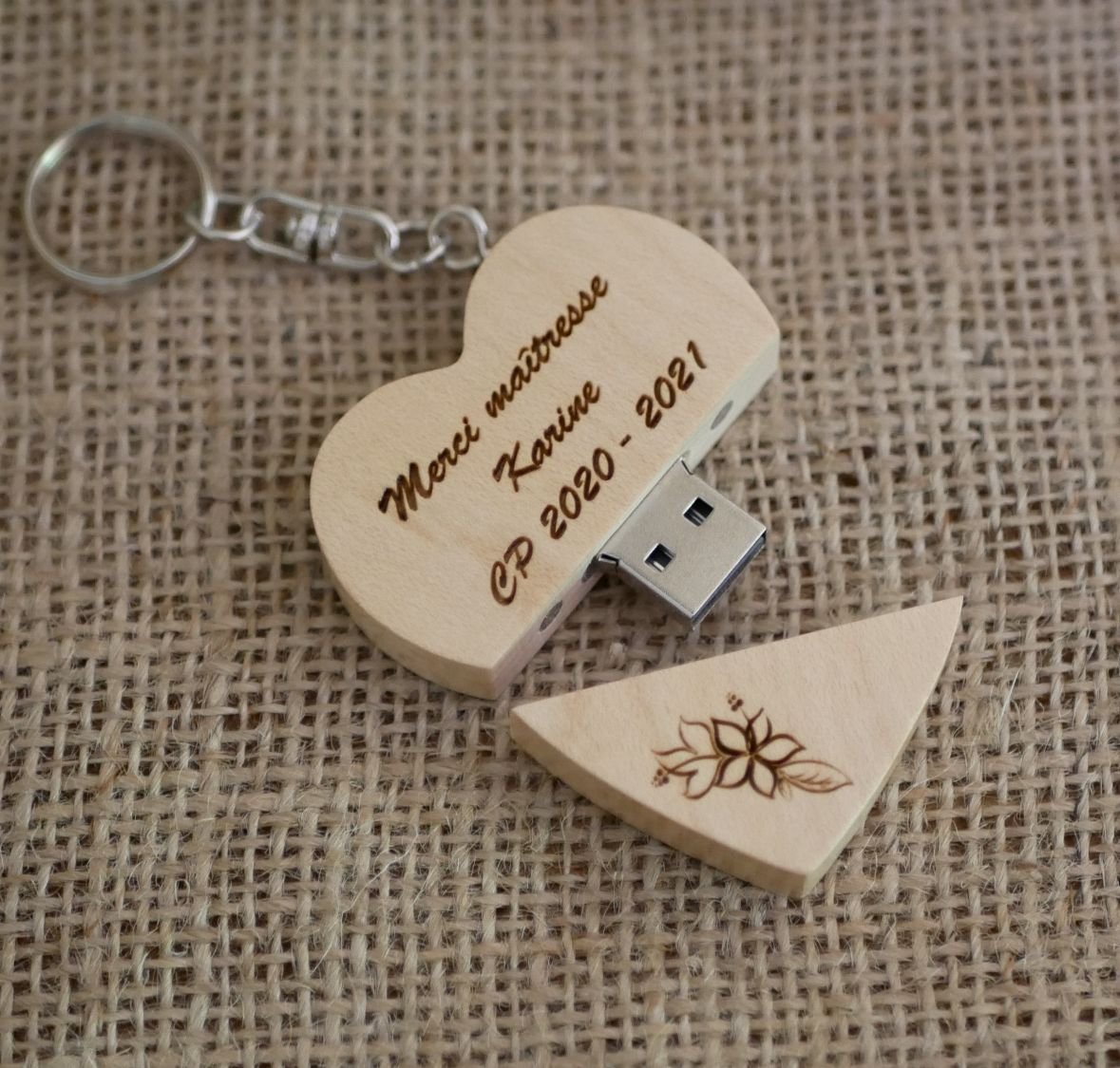 32 GB Heart USB Flash Drive in a light wood box