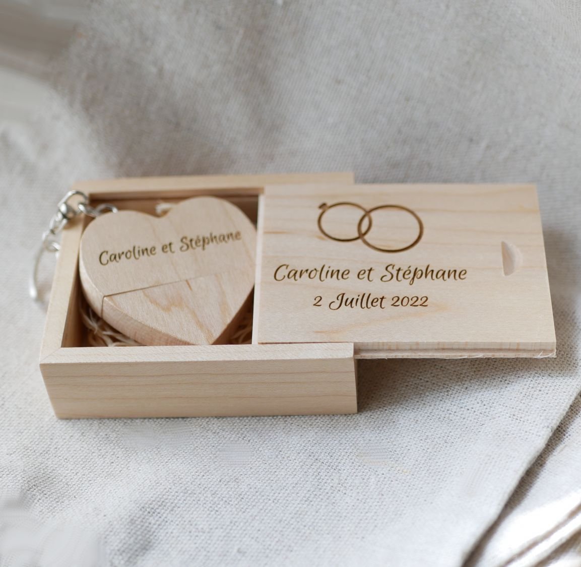 32 GB Heart USB Flash Drive in a light wood box