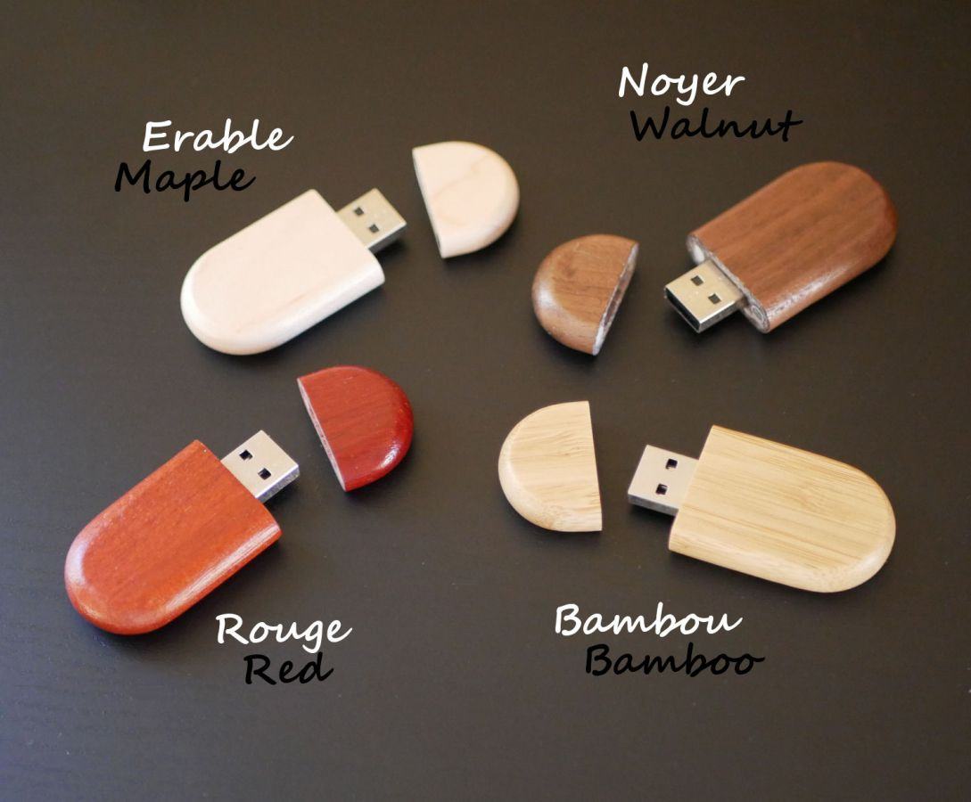 Oval USB key to be personalized by engraving, choice of wood