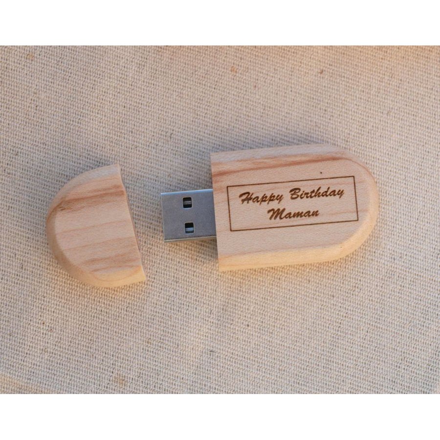 Oval USB key to be personalized by engraving, choice of wood