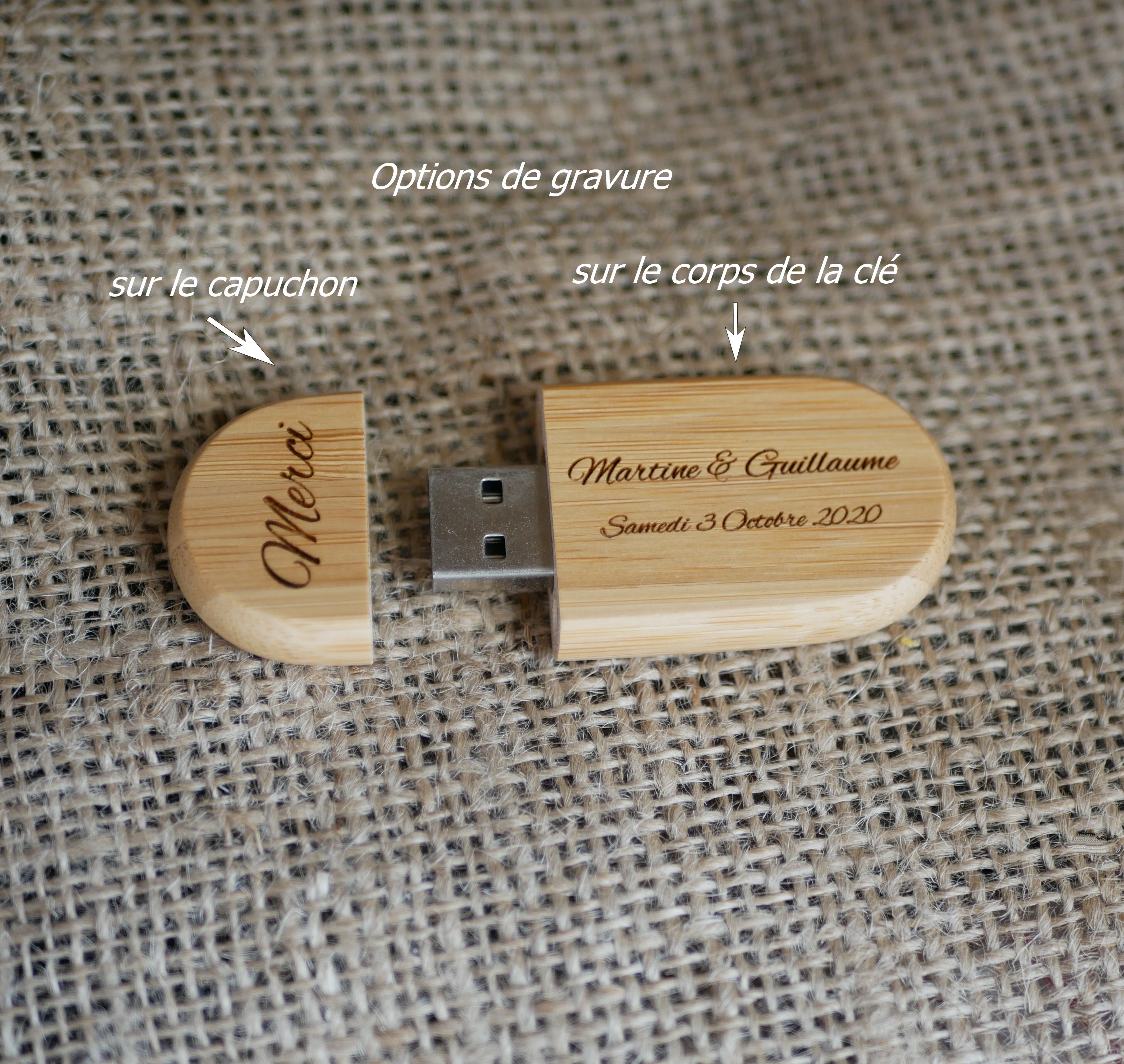 Oval USB key to be personalized by engraving, choice of wood