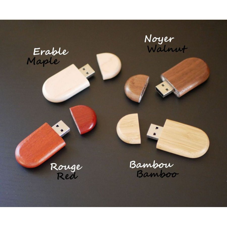 Oval USB key to be personalized by engraving, choice of wood