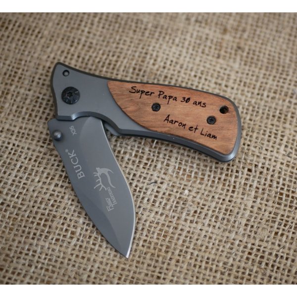 Custom engraved wooden handle folding pocket knife