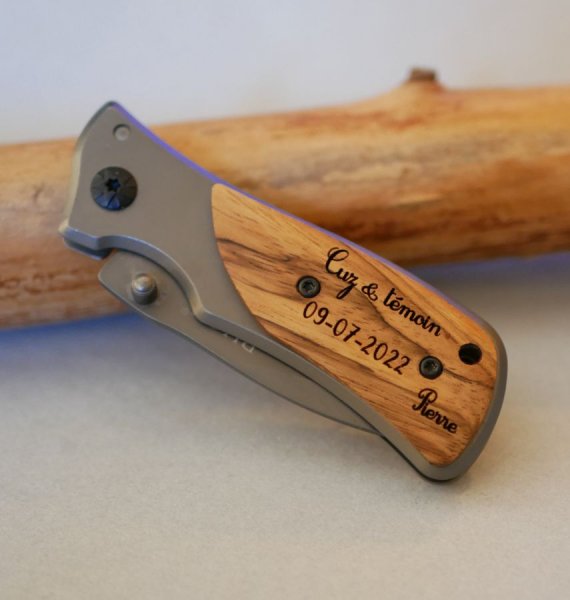 Custom engraved wooden handle folding pocket knife