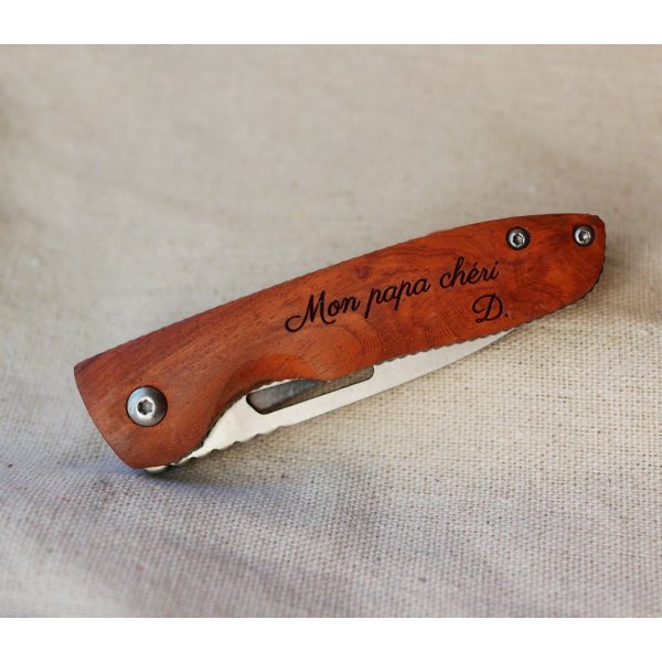 Engraved wooden handle knife to personalize