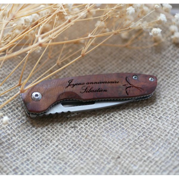 Engraved wooden handle knife to personalize