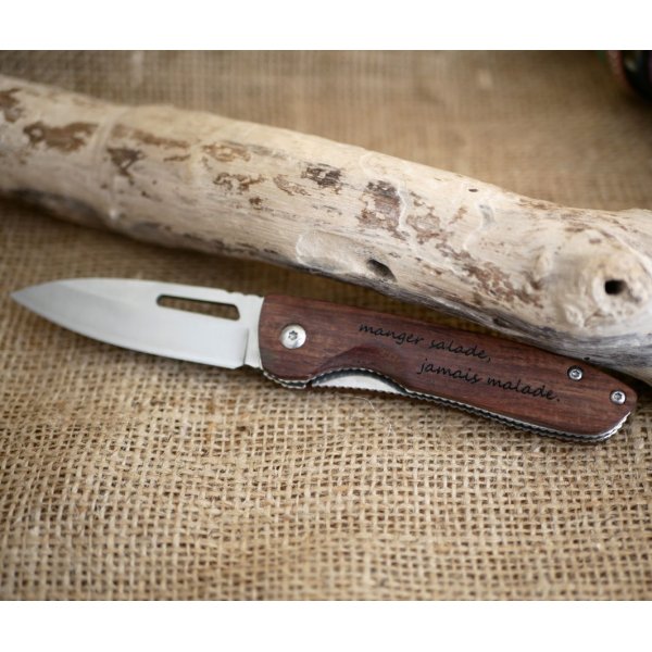 Engraved wooden handle knife to personalize