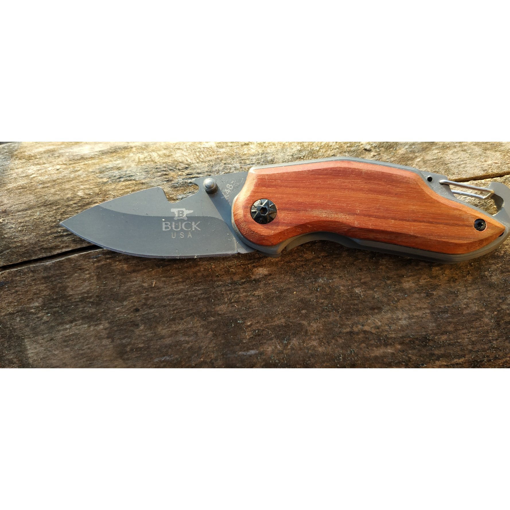 Folding pocket knife, wooden handle with engraving