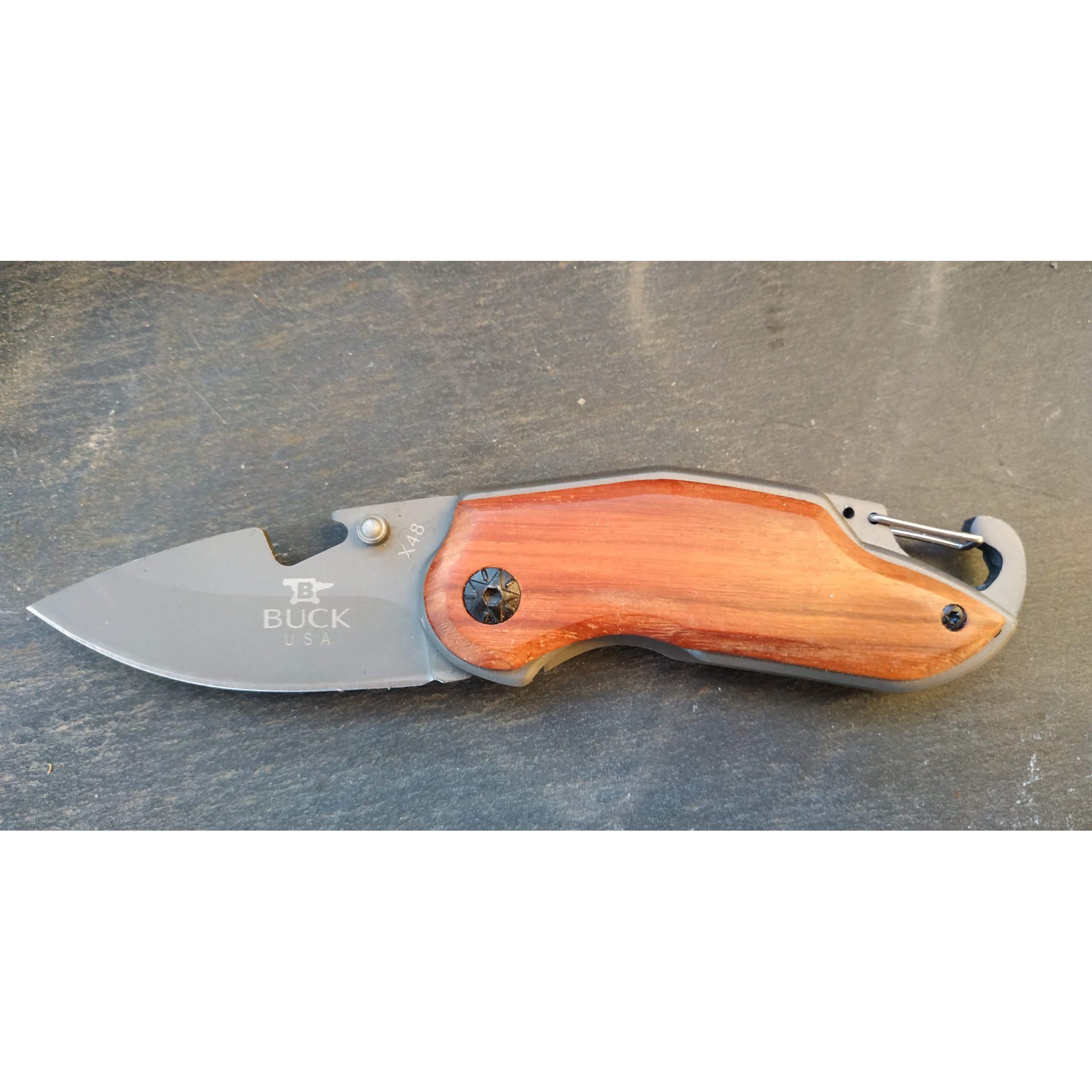 Folding pocket knife, wooden handle with engraving