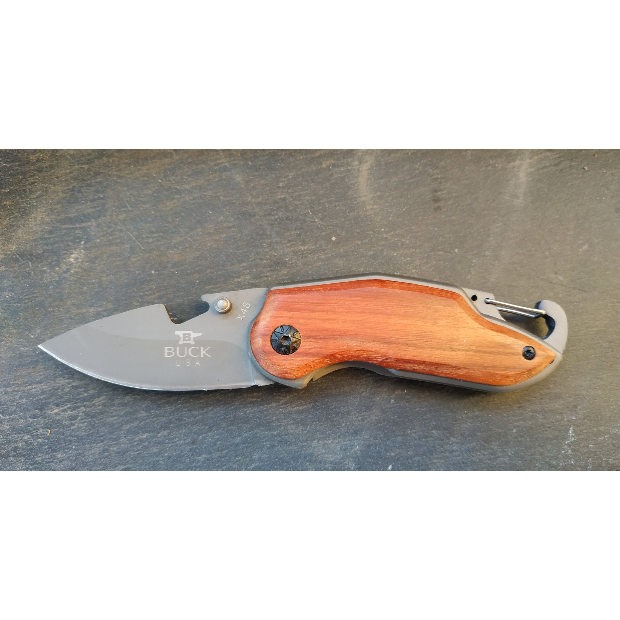 Folding pocket knife, wooden handle with engraving