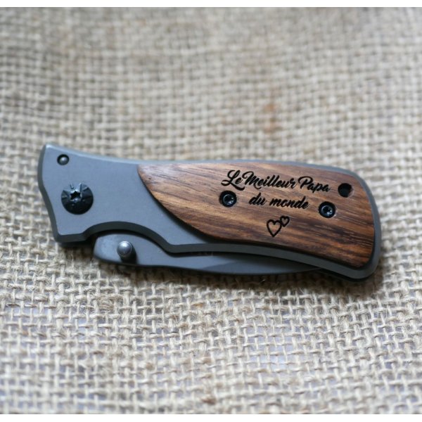 Custom engraved wooden handle folding pocket knife