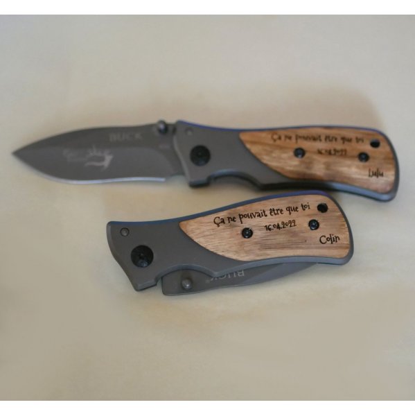 Custom engraved wooden handle folding pocket knife