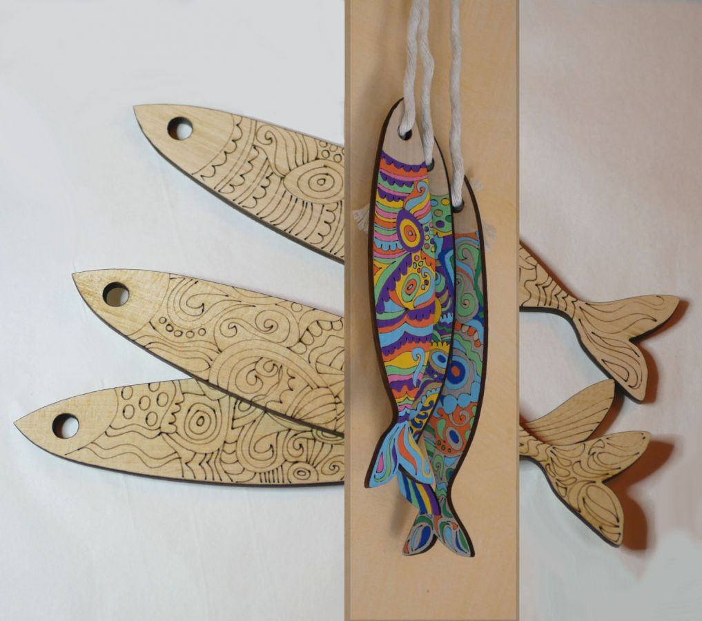 Wall decoration Sardines engraved wood to paint 