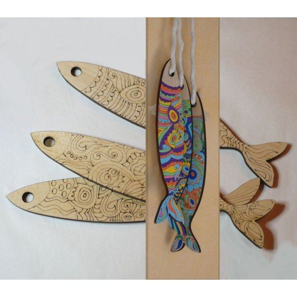 Wall decoration Sardines engraved wood to paint 