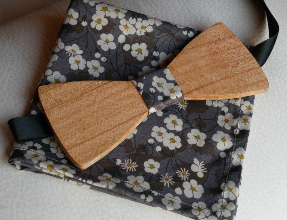 Wooden Bow Tie Set Grey Liberty Clutch L8 Gift for Men